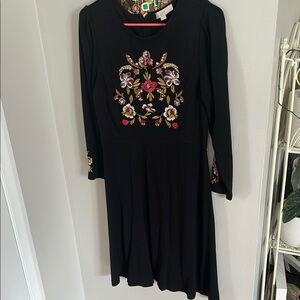 LOFT Black Floral Embroidered Long Sleeve Dress
